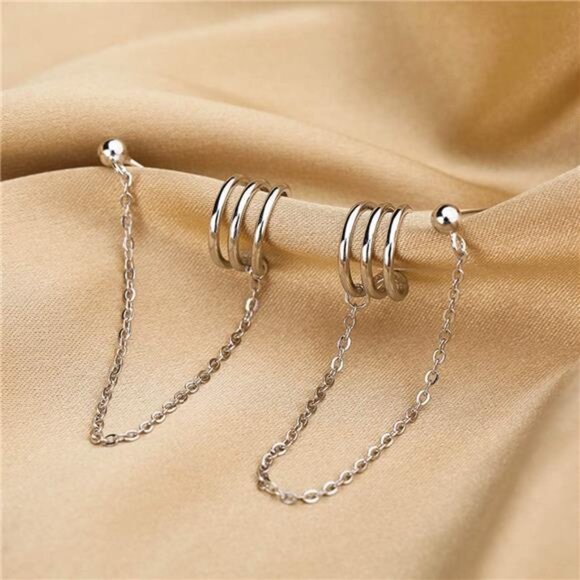 925 Sterling Silver Cuff Earrings Chain for Women Crawler Earrings Studs - Picture 3 of 7